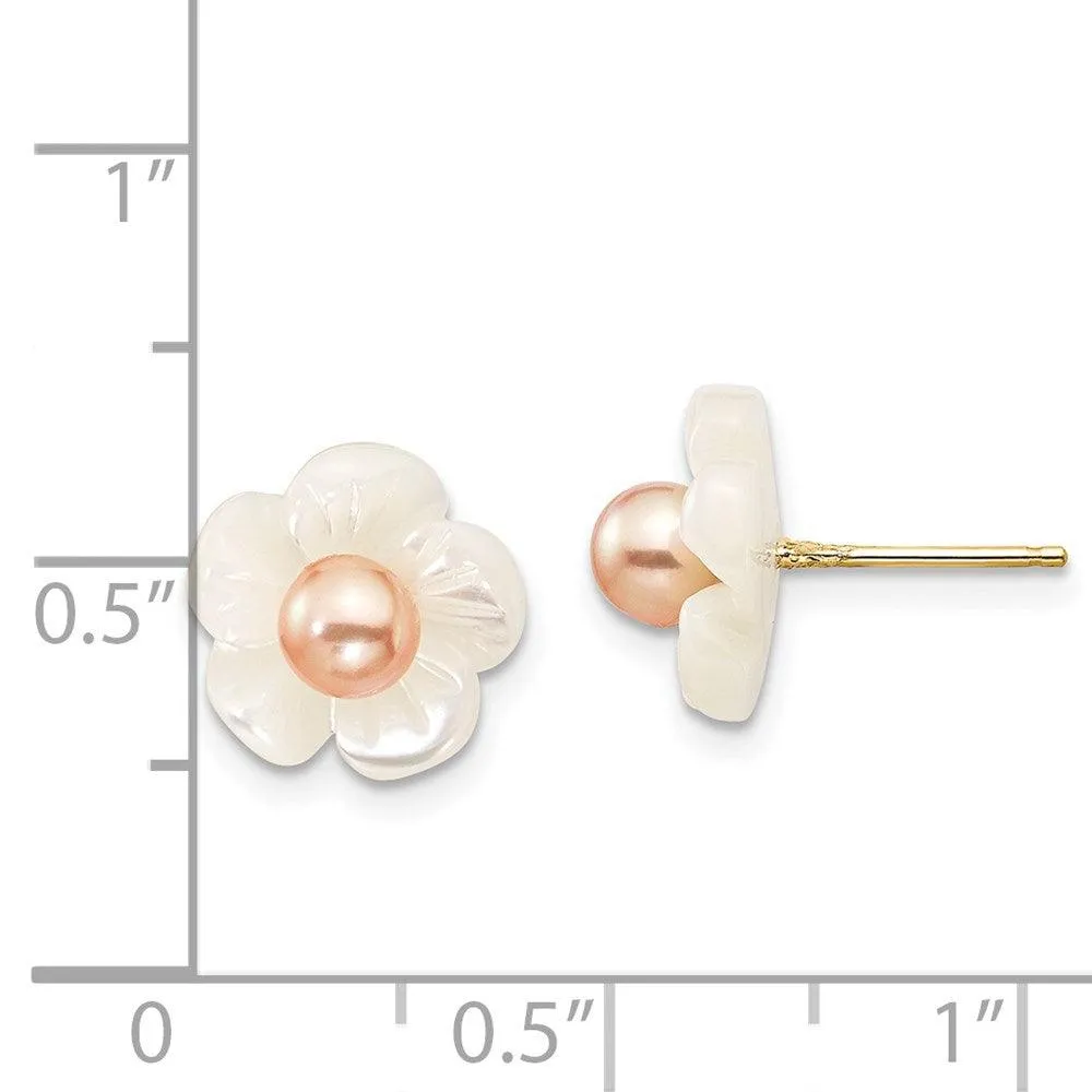 14k 3-4mm Pink FW Cultured Pearl w/10mm MOP Flower Post Earrings