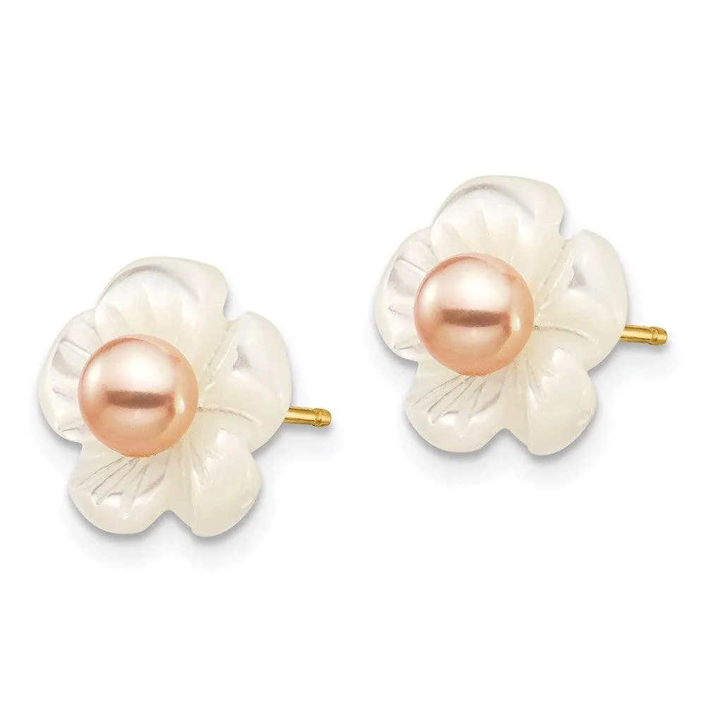 14k 3-4mm Pink FW Cultured Pearl w/10mm MOP Flower Post Earrings