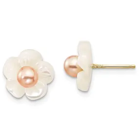 14k 3-4mm Pink FW Cultured Pearl w/10mm MOP Flower Post Earrings