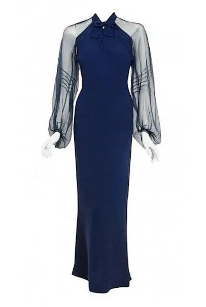 1936 Germaine Monteil Couture Movie Worn Navy Crepe Billow Sleeve Bias-Cut Gown