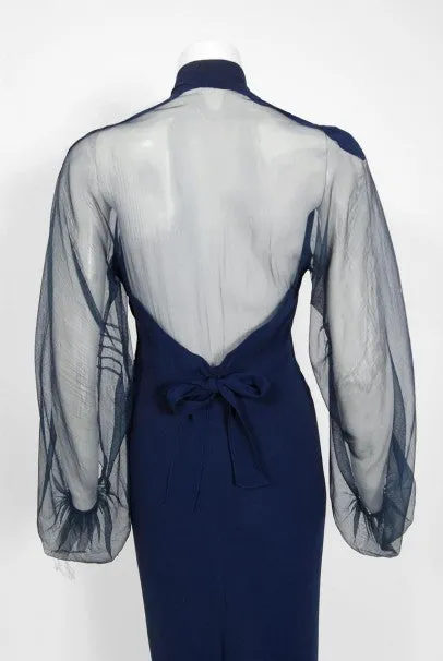 1936 Germaine Monteil Couture Movie Worn Navy Crepe Billow Sleeve Bias-Cut Gown