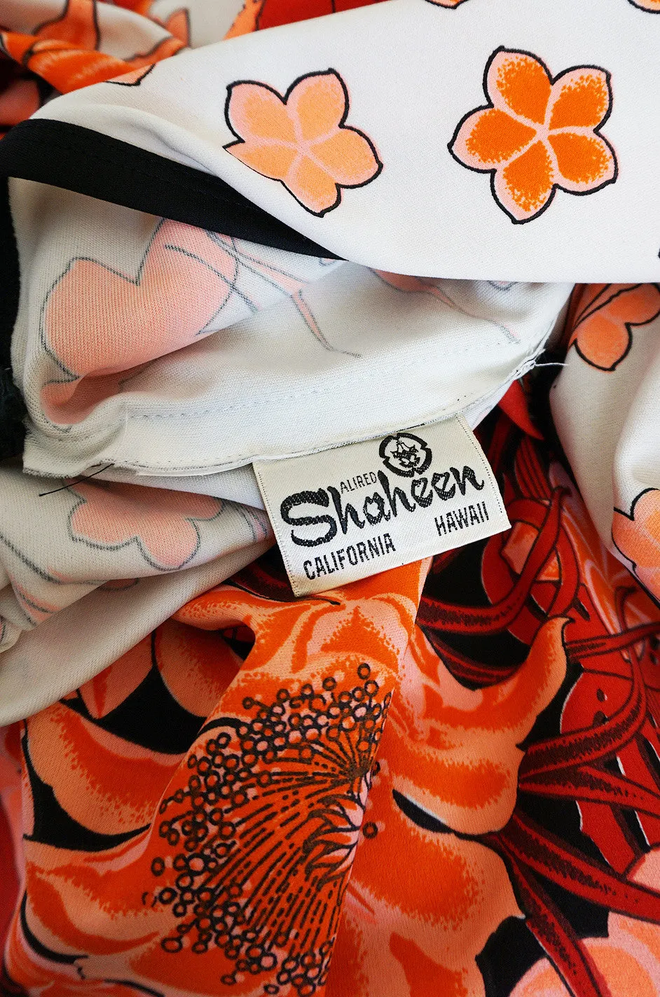 1960s Alfred Shaheen Vivid Coral Print Halter Dress