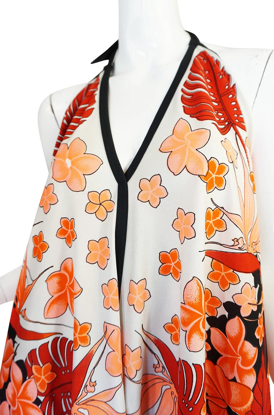 1960s Alfred Shaheen Vivid Coral Print Halter Dress