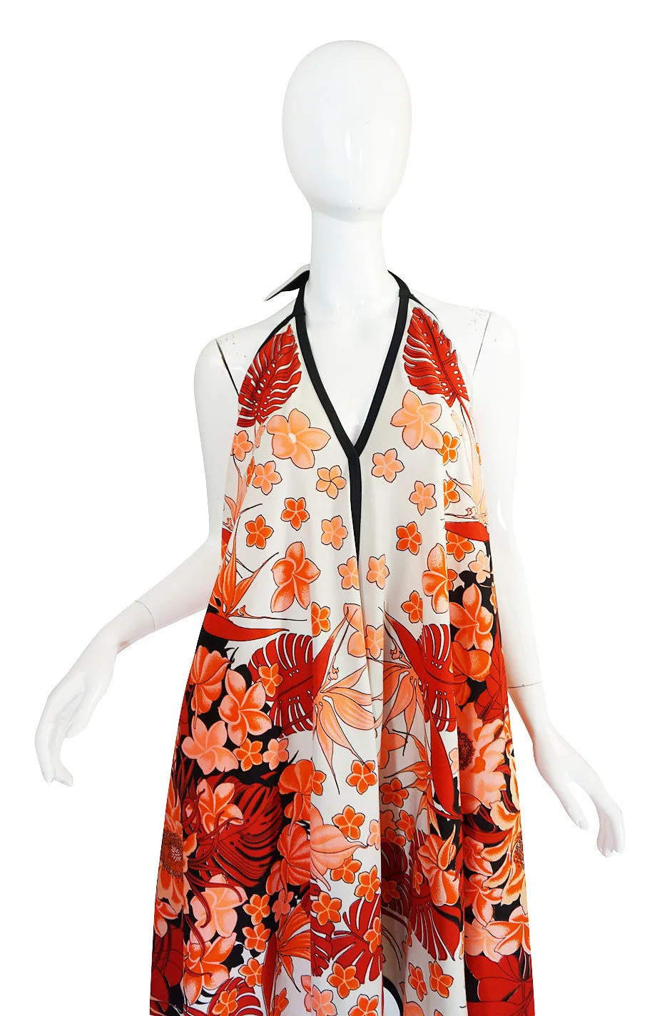 1960s Alfred Shaheen Vivid Coral Print Halter Dress