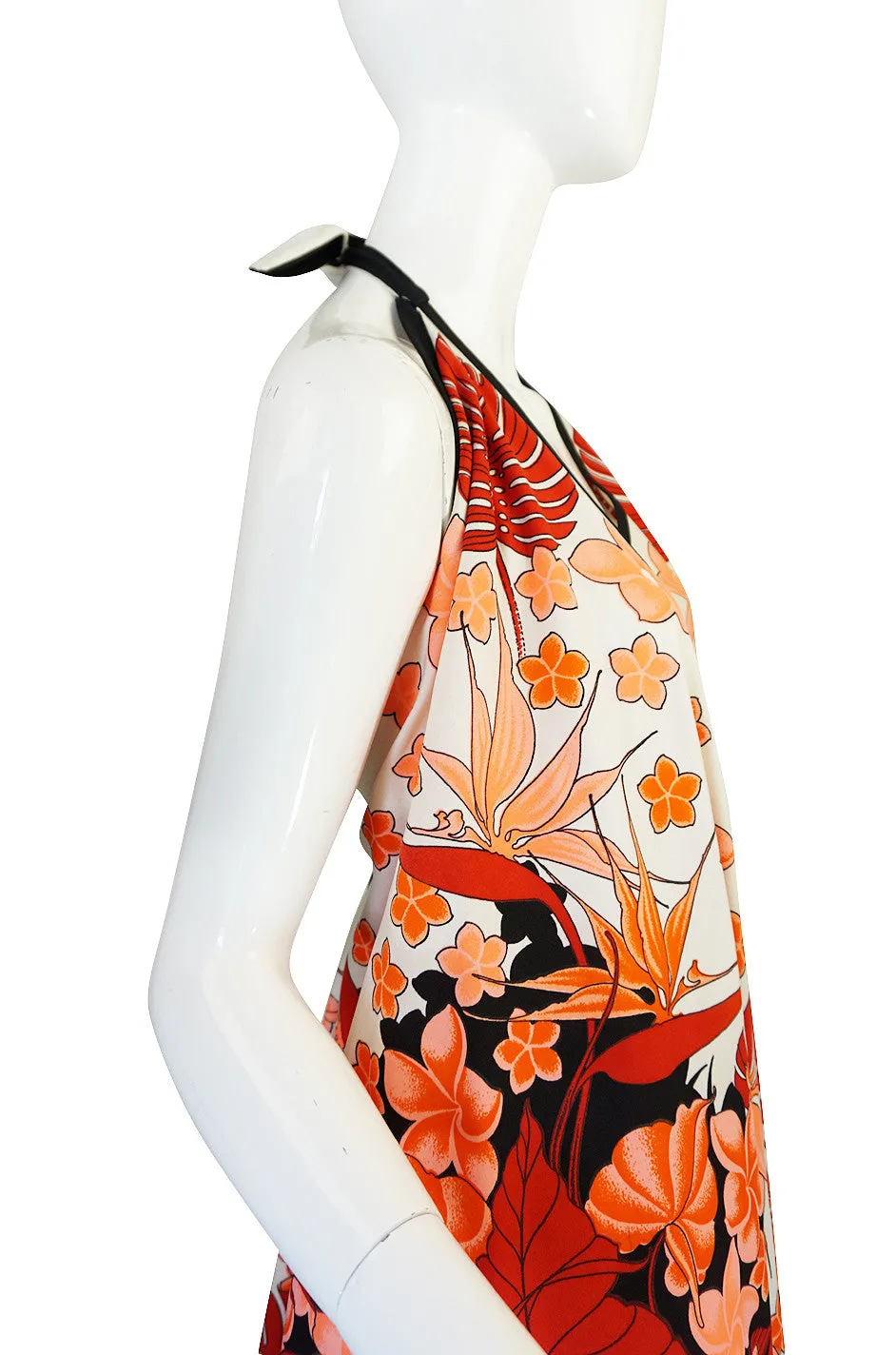 1960s Alfred Shaheen Vivid Coral Print Halter Dress