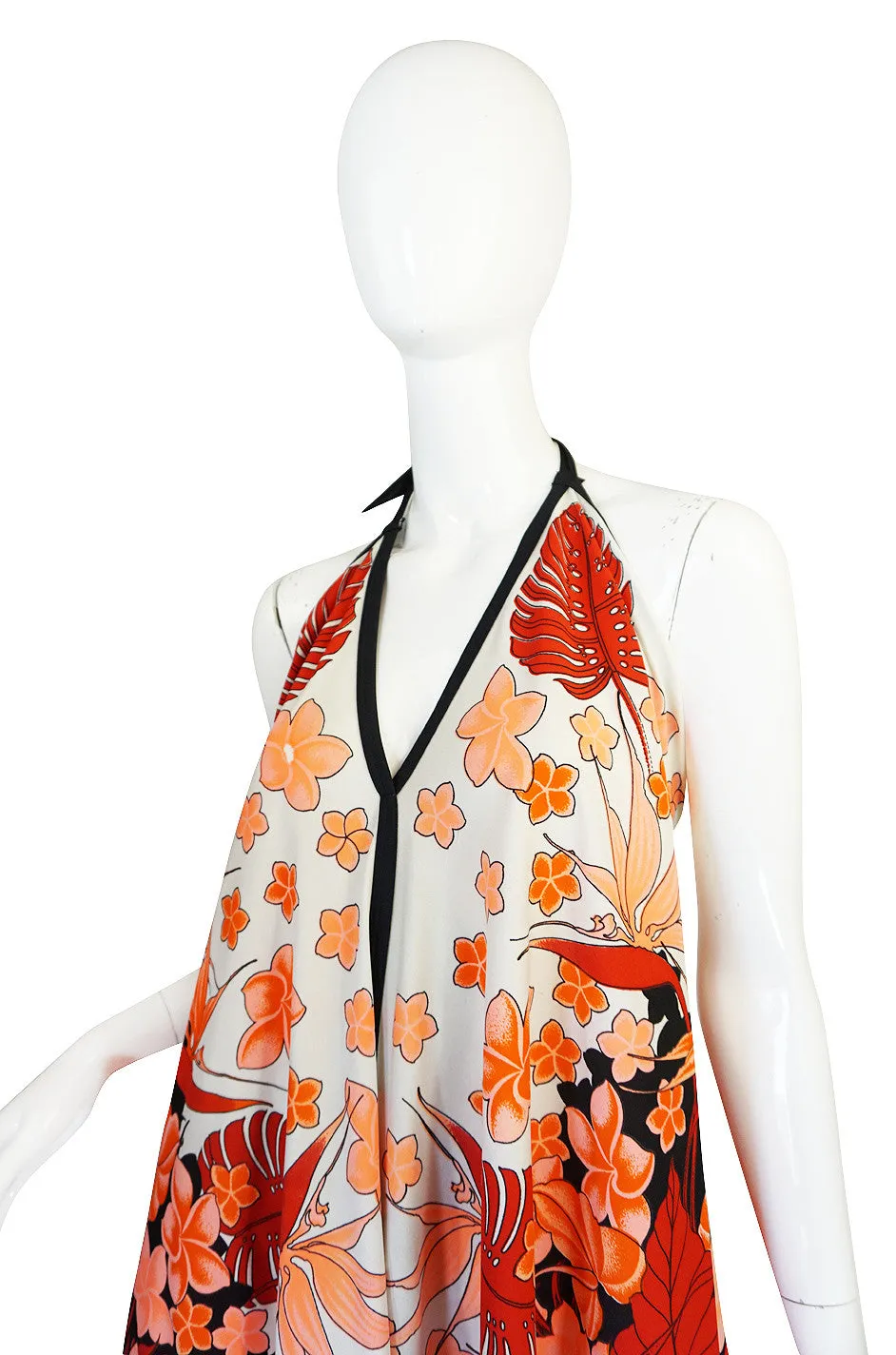 1960s Alfred Shaheen Vivid Coral Print Halter Dress