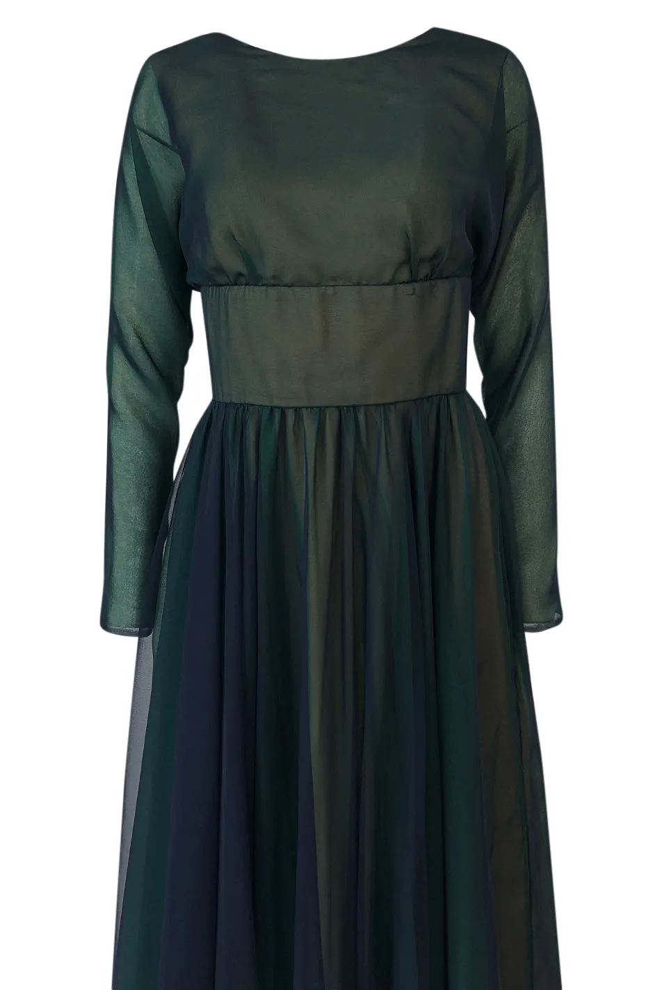 1960s Geoffrey Beene Blue & Green Backless Layered Chiffon Dress