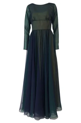 1960s Geoffrey Beene Blue & Green Backless Layered Chiffon Dress