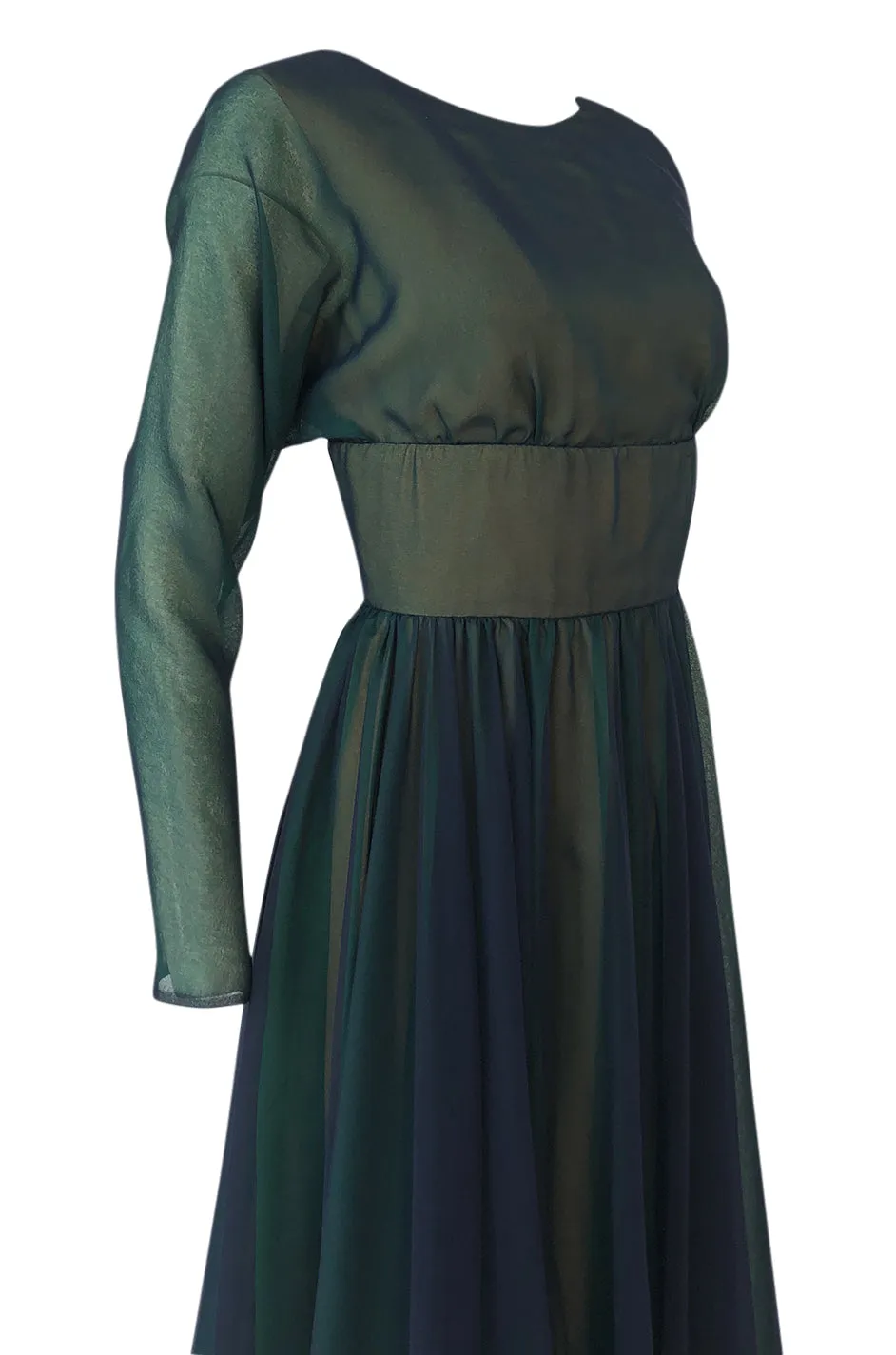 1960s Geoffrey Beene Blue & Green Backless Layered Chiffon Dress