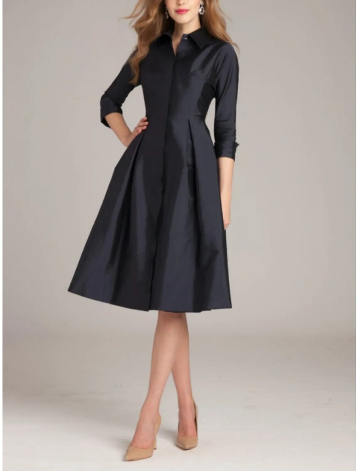 A-Line Cocktail Dresses Minimalist Dress Formal Fall Knee Length 3/4 Length Sleeve Shirt Collar Satin with Bow(s) Slit