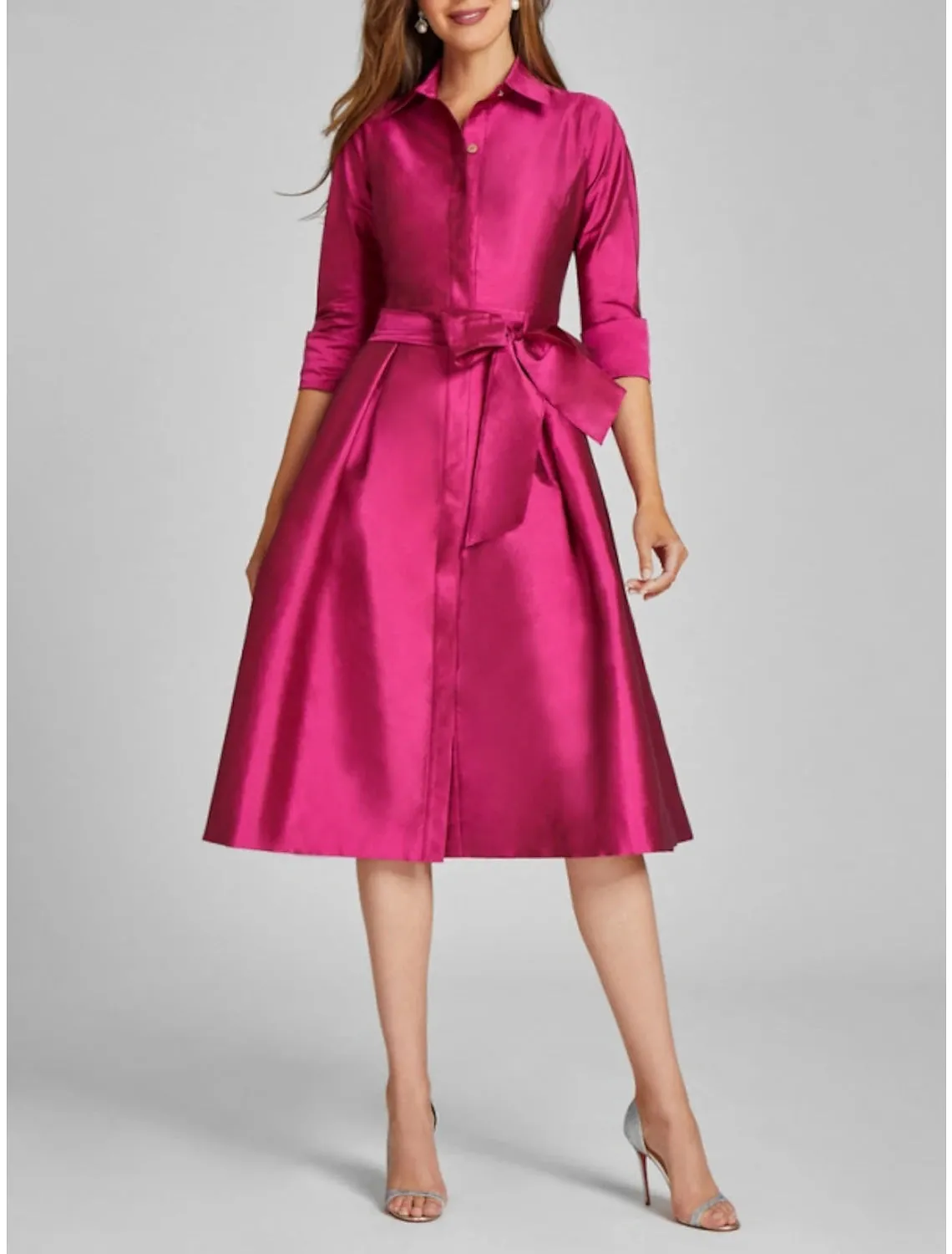 A-Line Cocktail Dresses Minimalist Dress Formal Fall Knee Length 3/4 Length Sleeve Shirt Collar Satin with Bow(s) Slit