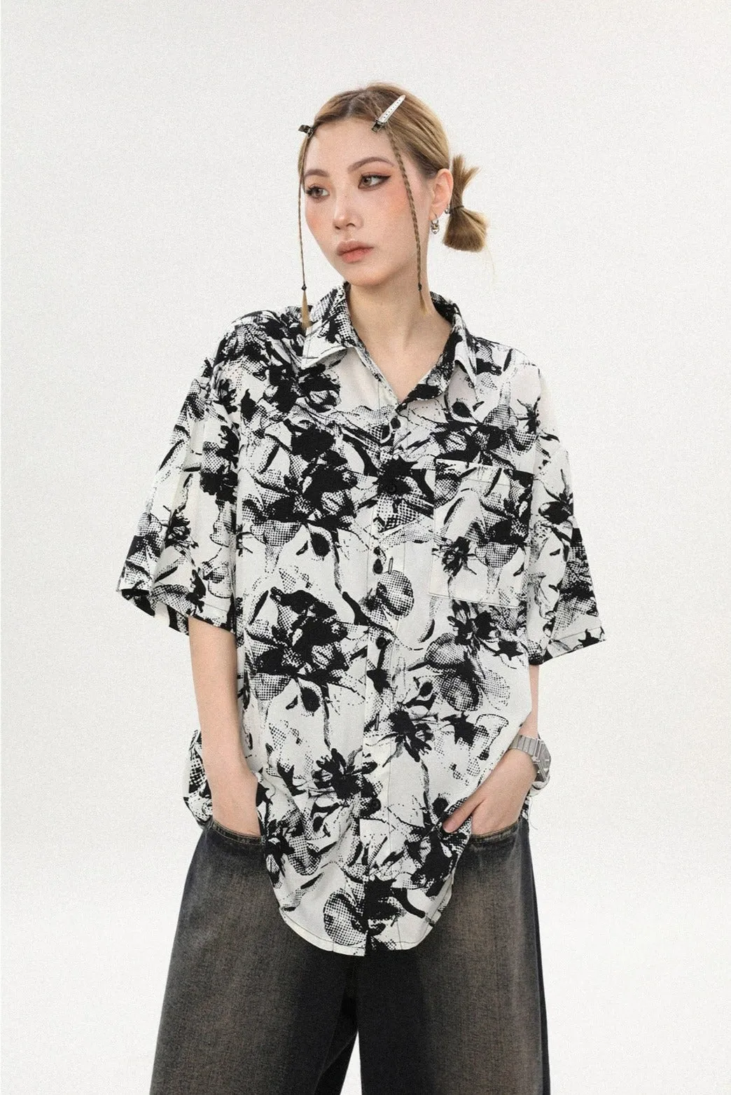 Abstract Print Oversized Button Shirt