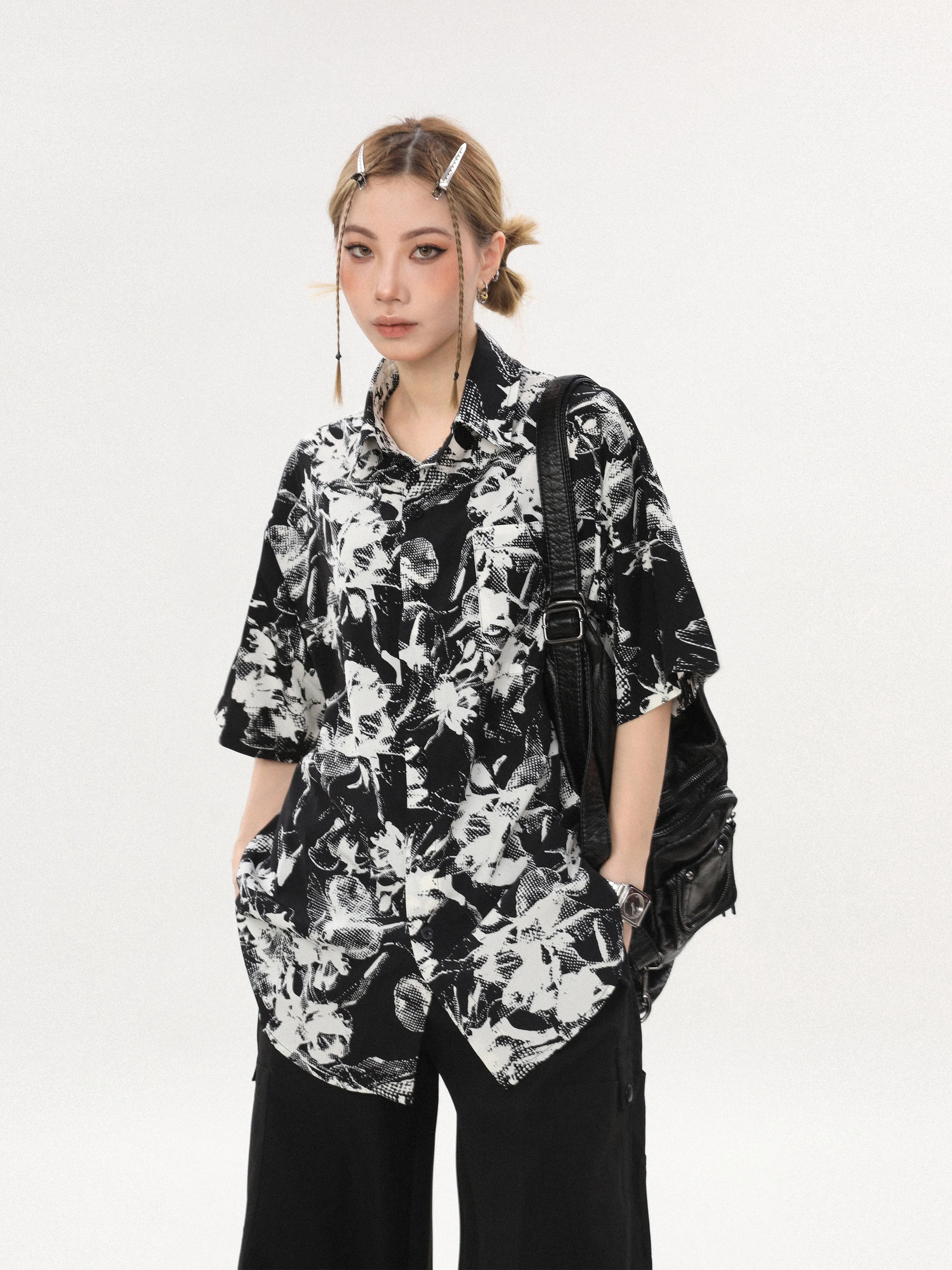 Abstract Print Oversized Button Shirt