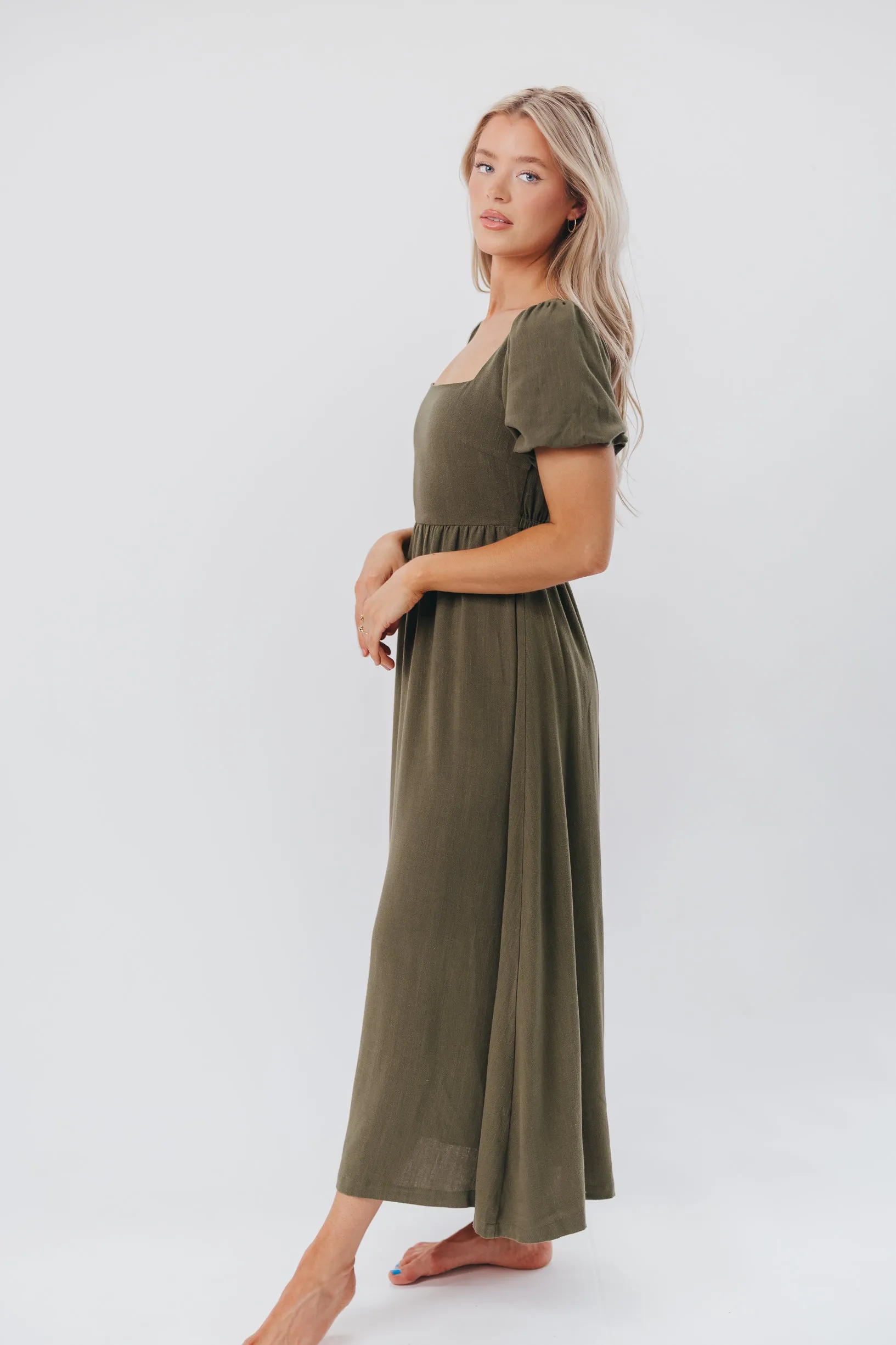 Ainsley Square Neck Midi Dress with Puffed Sleeves in Hunter Green - Bump Friendly