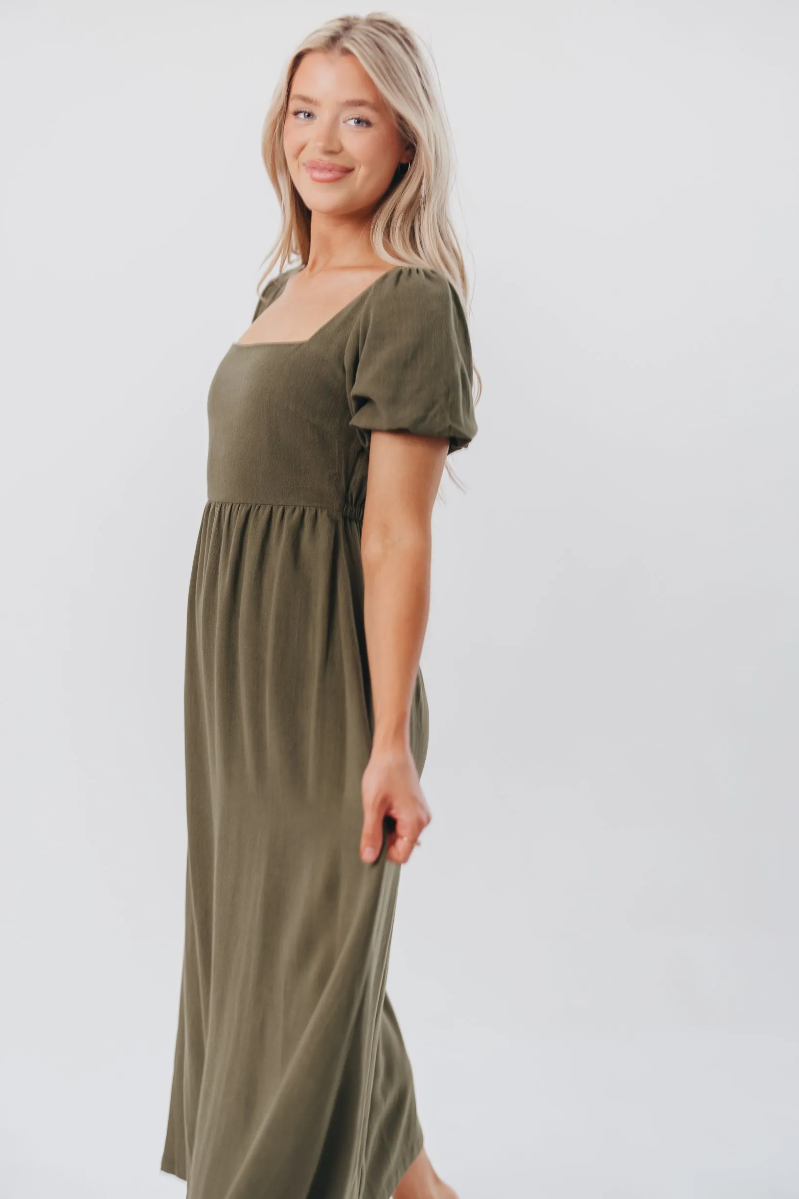 Ainsley Square Neck Midi Dress with Puffed Sleeves in Hunter Green - Bump Friendly