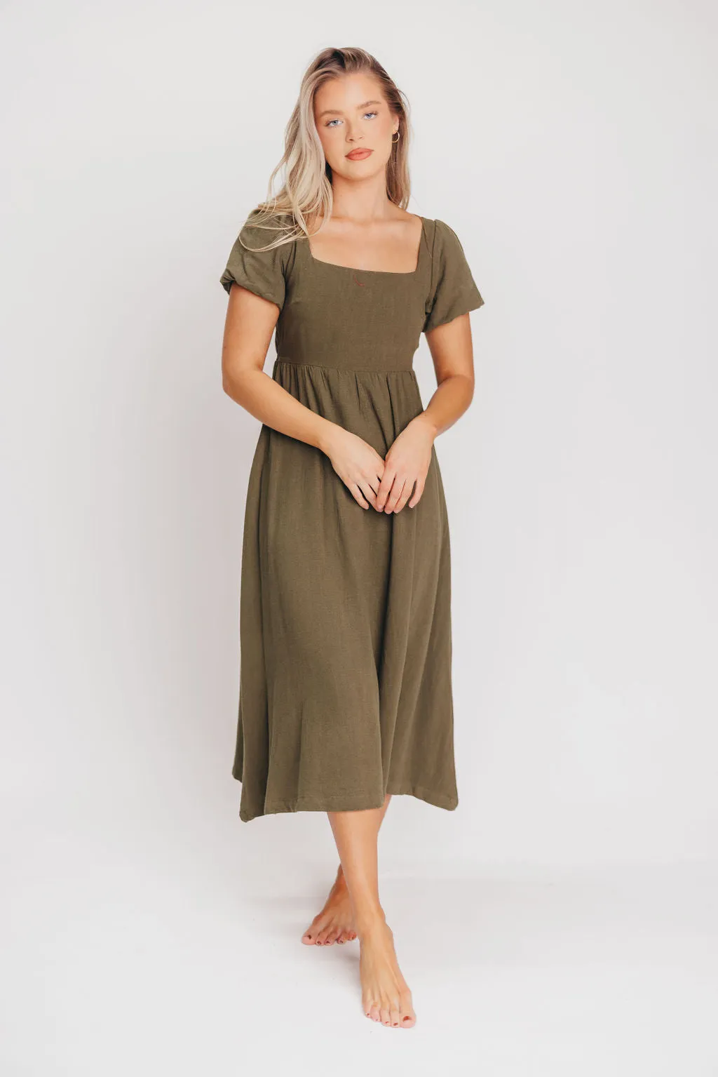 Ainsley Square Neck Midi Dress with Puffed Sleeves in Hunter Green - Bump Friendly