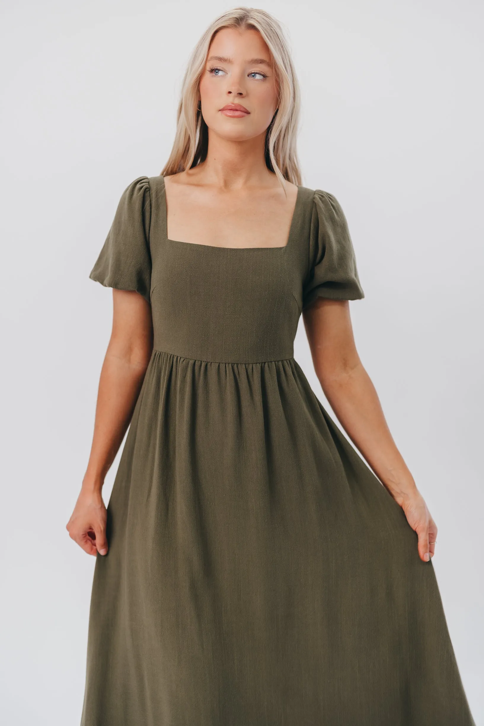 Ainsley Square Neck Midi Dress with Puffed Sleeves in Hunter Green - Bump Friendly