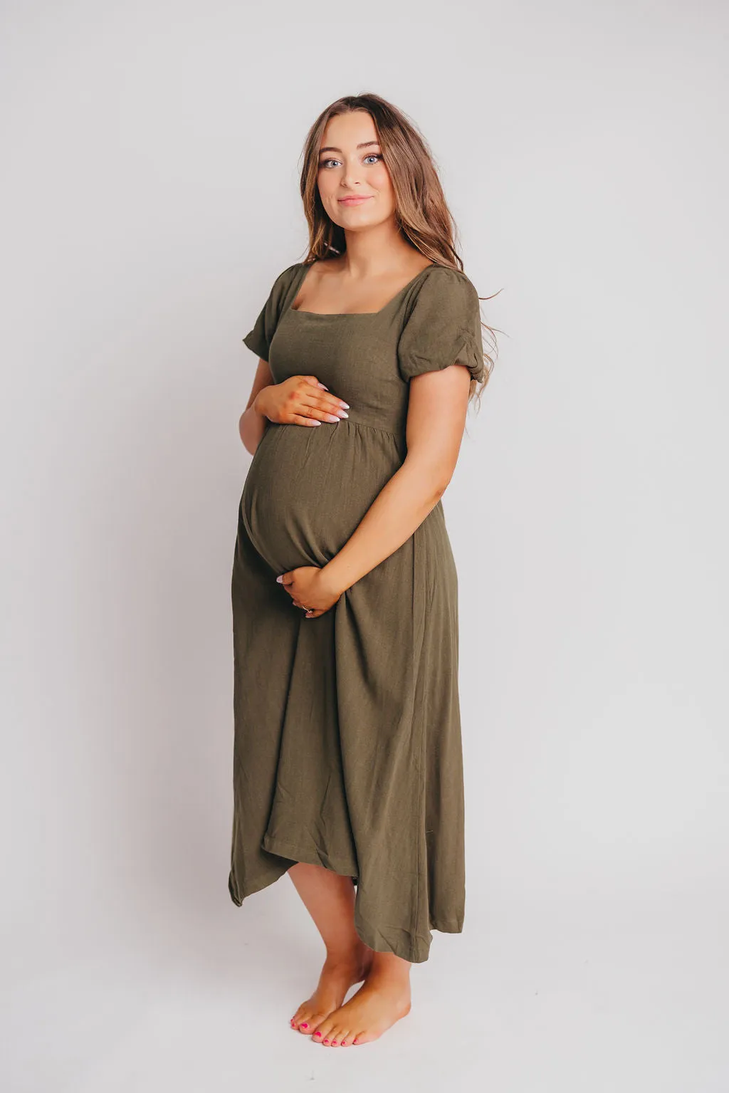 Ainsley Square Neck Midi Dress with Puffed Sleeves in Hunter Green - Bump Friendly