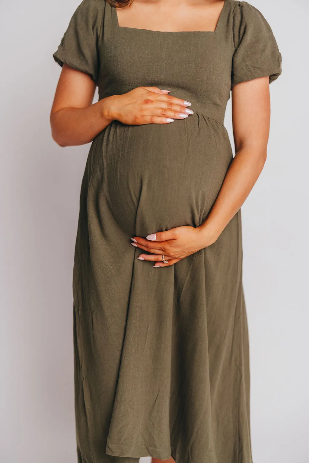 Ainsley Square Neck Midi Dress with Puffed Sleeves in Hunter Green - Bump Friendly