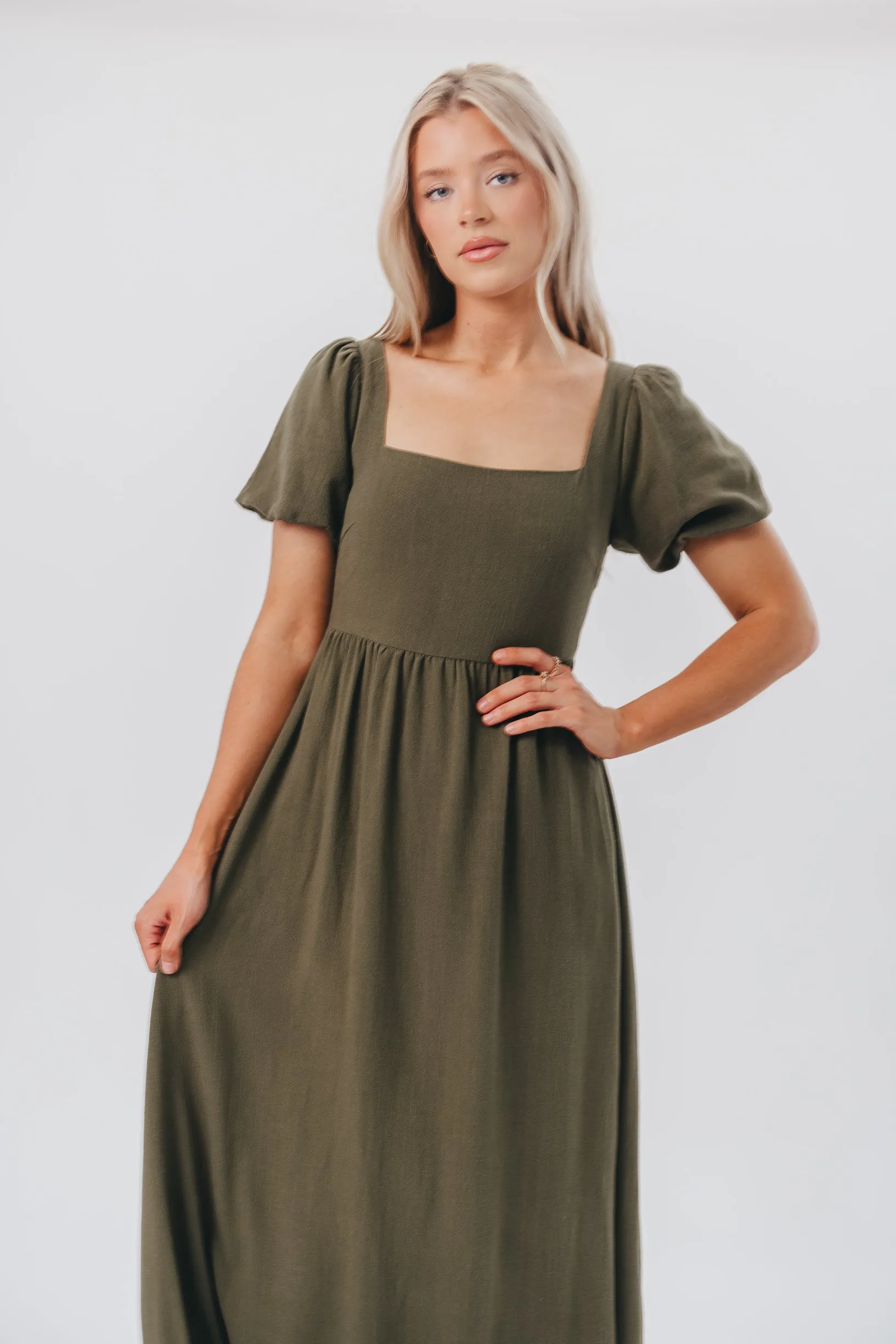 Ainsley Square Neck Midi Dress with Puffed Sleeves in Hunter Green - Bump Friendly