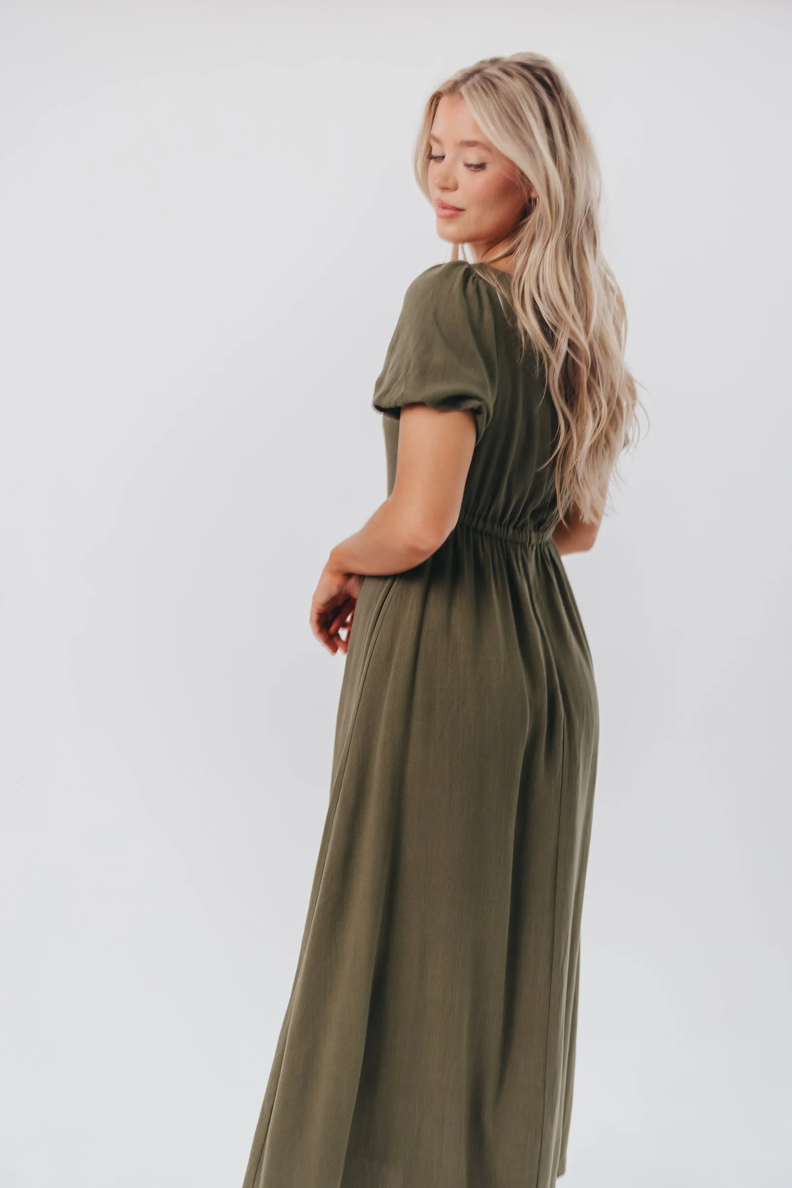 Ainsley Square Neck Midi Dress with Puffed Sleeves in Hunter Green - Bump Friendly