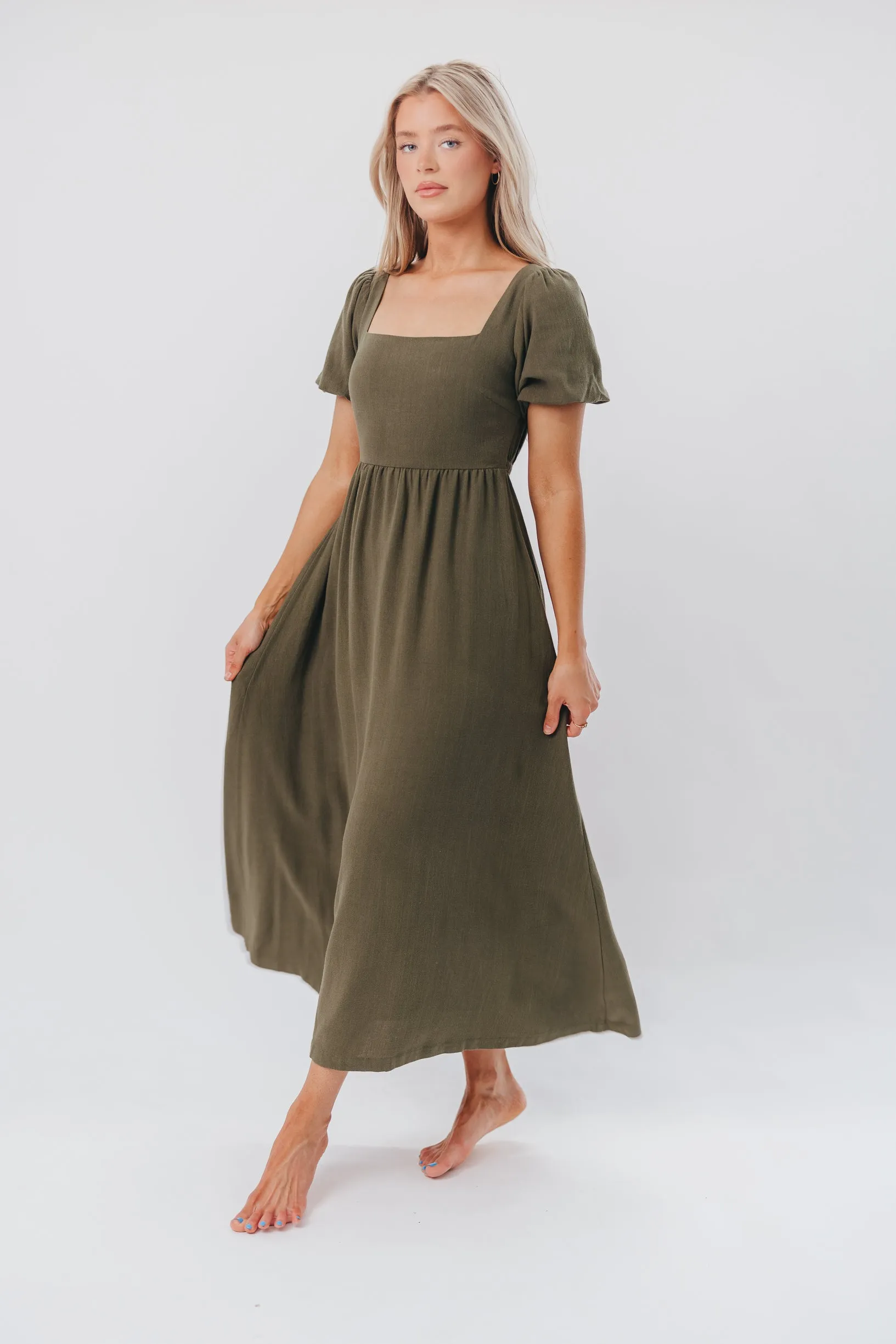 Ainsley Square Neck Midi Dress with Puffed Sleeves in Hunter Green - Bump Friendly