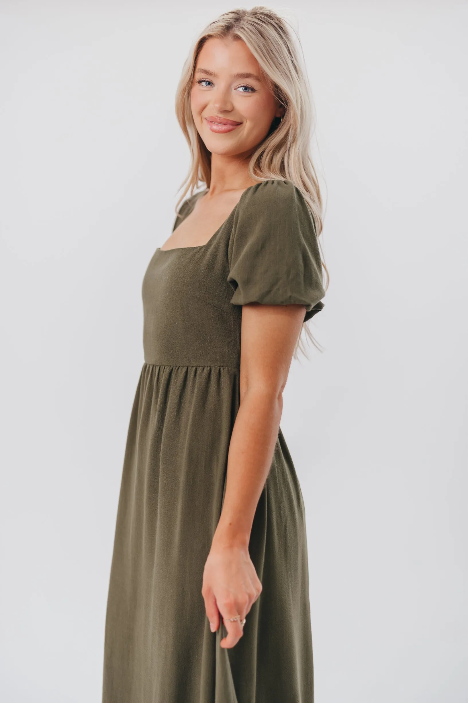 Ainsley Square Neck Midi Dress with Puffed Sleeves in Hunter Green - Bump Friendly