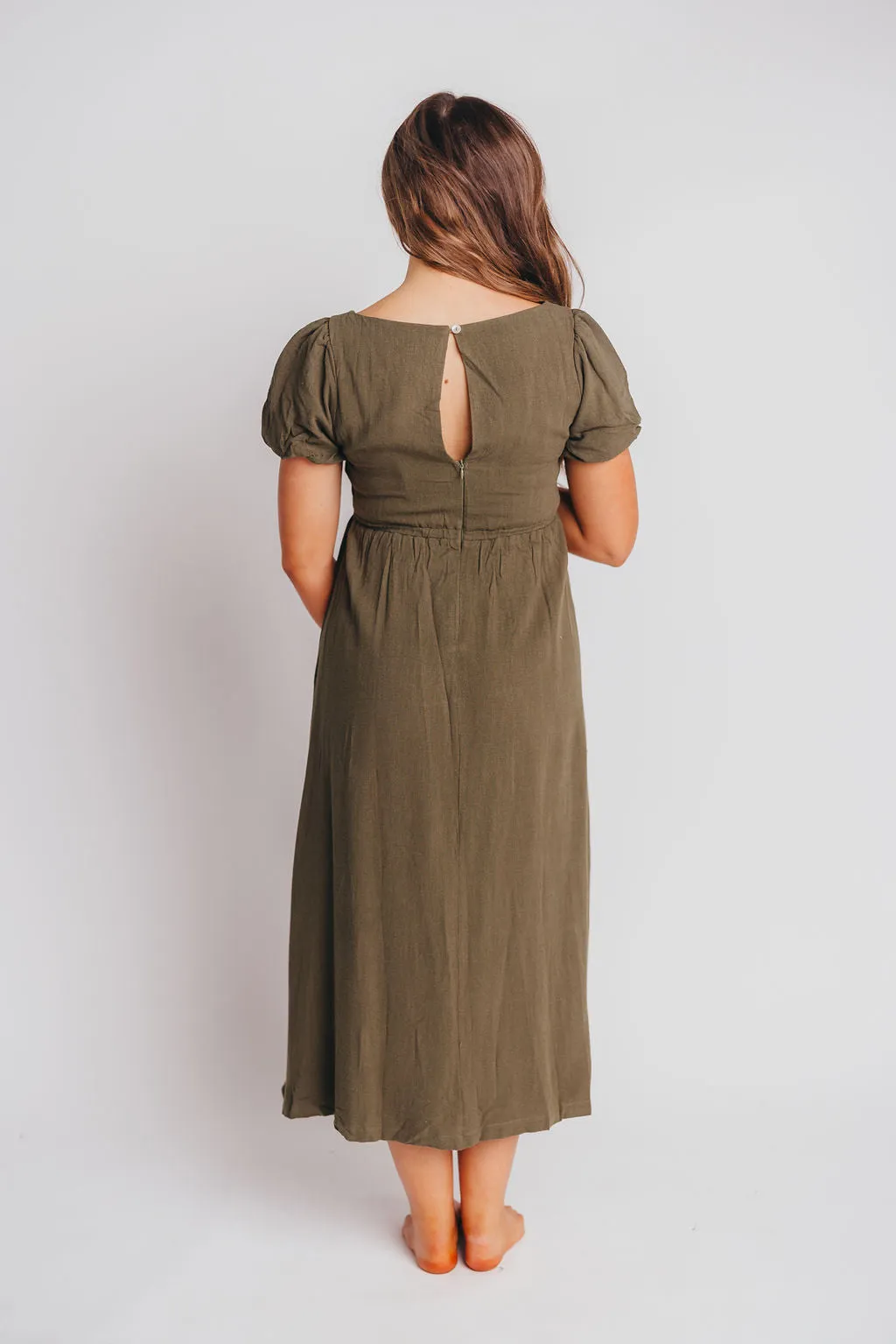 Ainsley Square Neck Midi Dress with Puffed Sleeves in Hunter Green - Bump Friendly