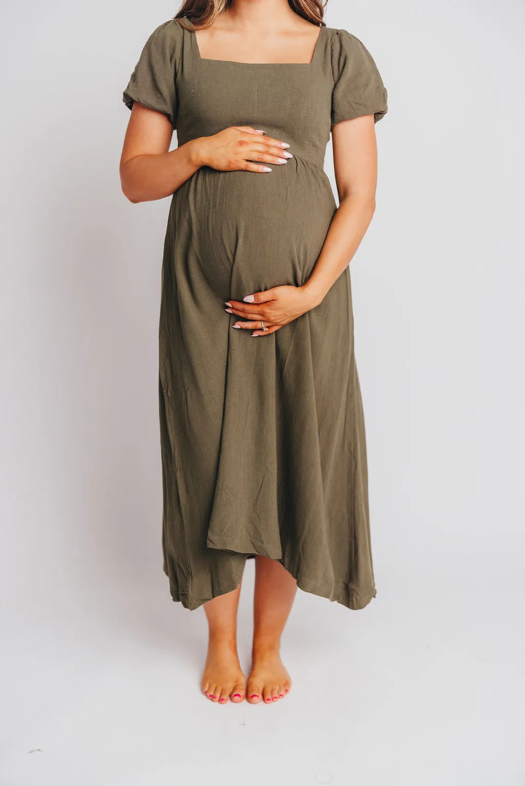 Ainsley Square Neck Midi Dress with Puffed Sleeves in Hunter Green - Bump Friendly