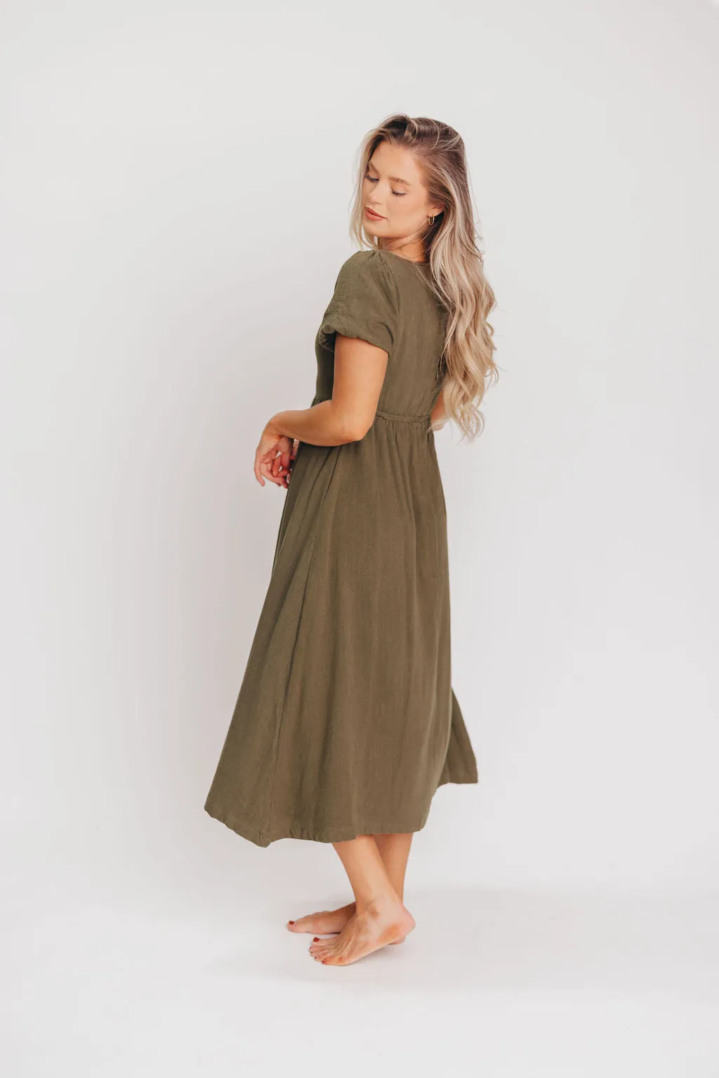 Ainsley Square Neck Midi Dress with Puffed Sleeves in Hunter Green - Bump Friendly