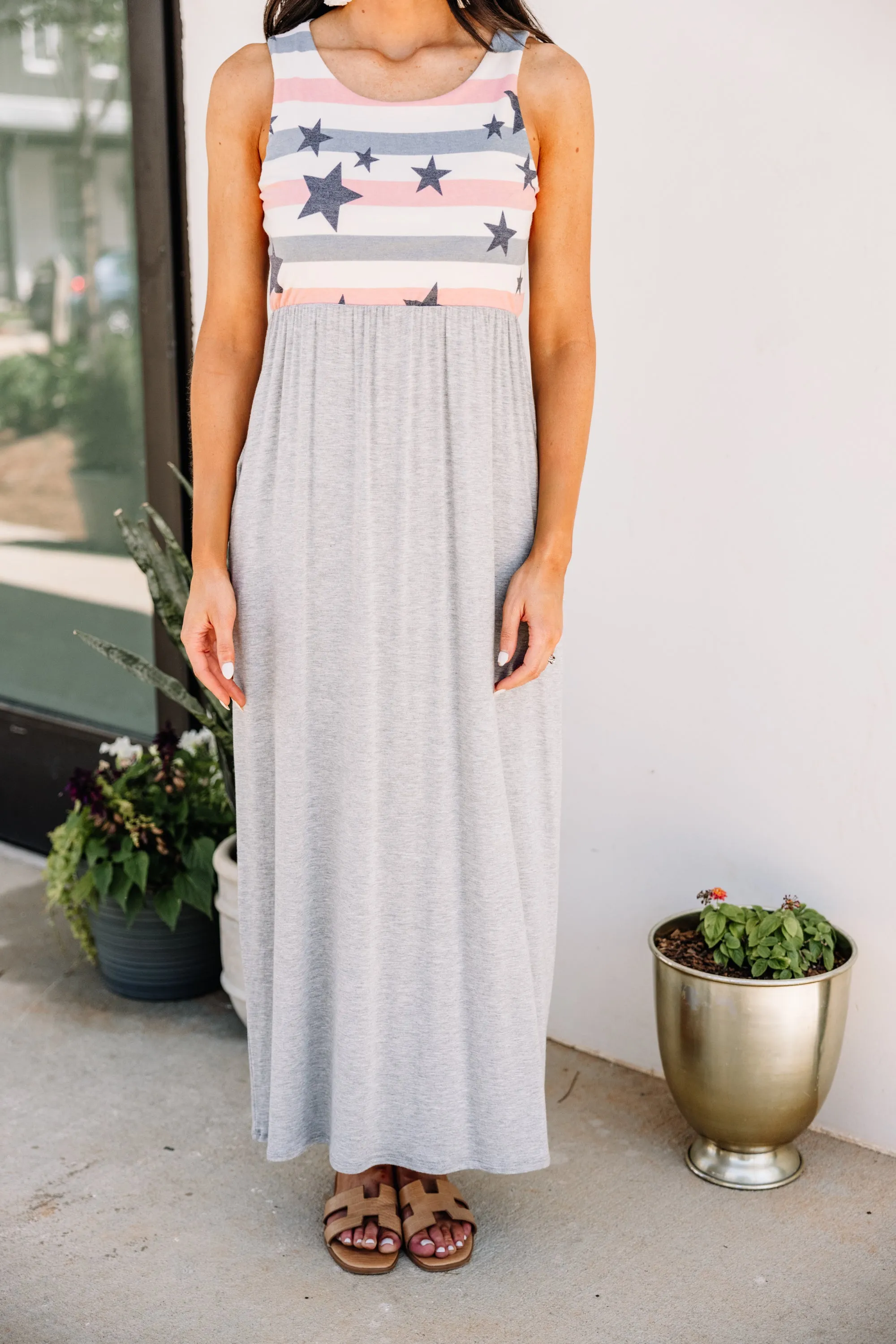 All That I Love Heather Gray Star Printed Maxi Dress