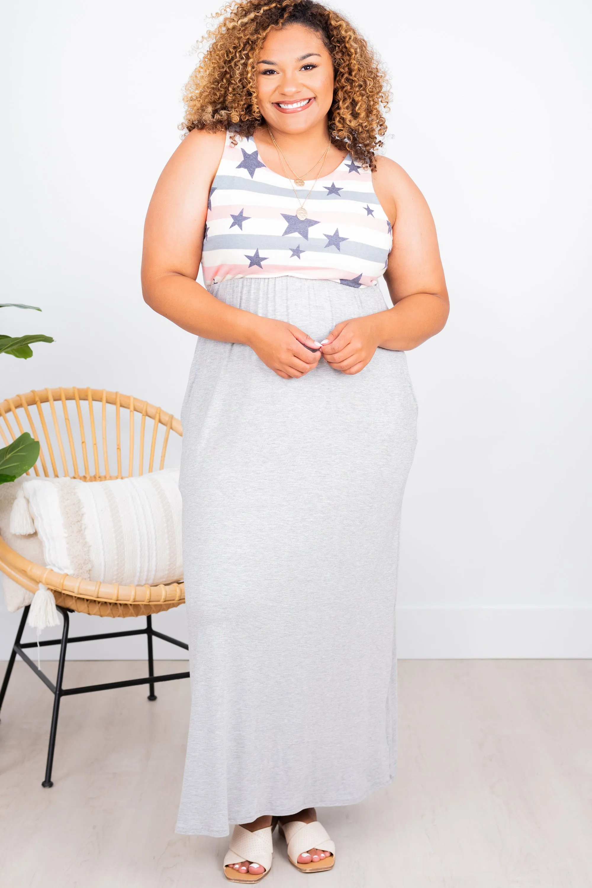 All That I Love Heather Gray Star Printed Maxi Dress