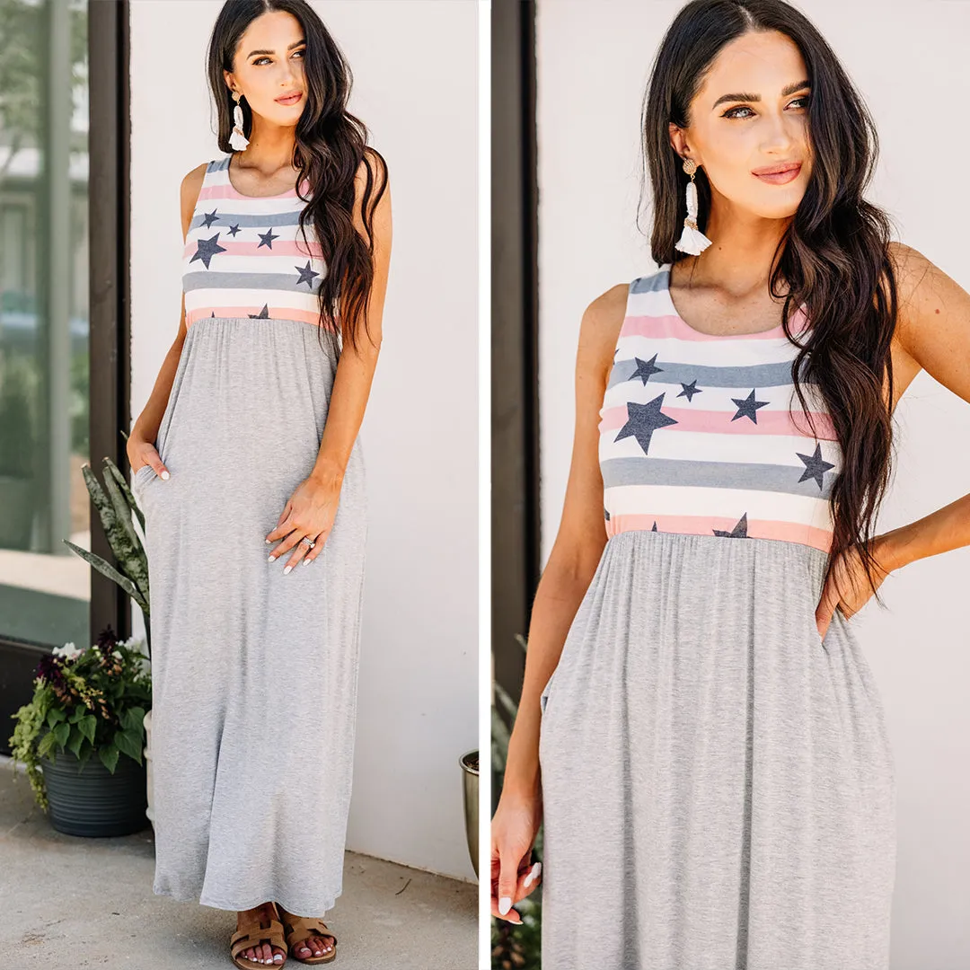 All That I Love Heather Gray Star Printed Maxi Dress