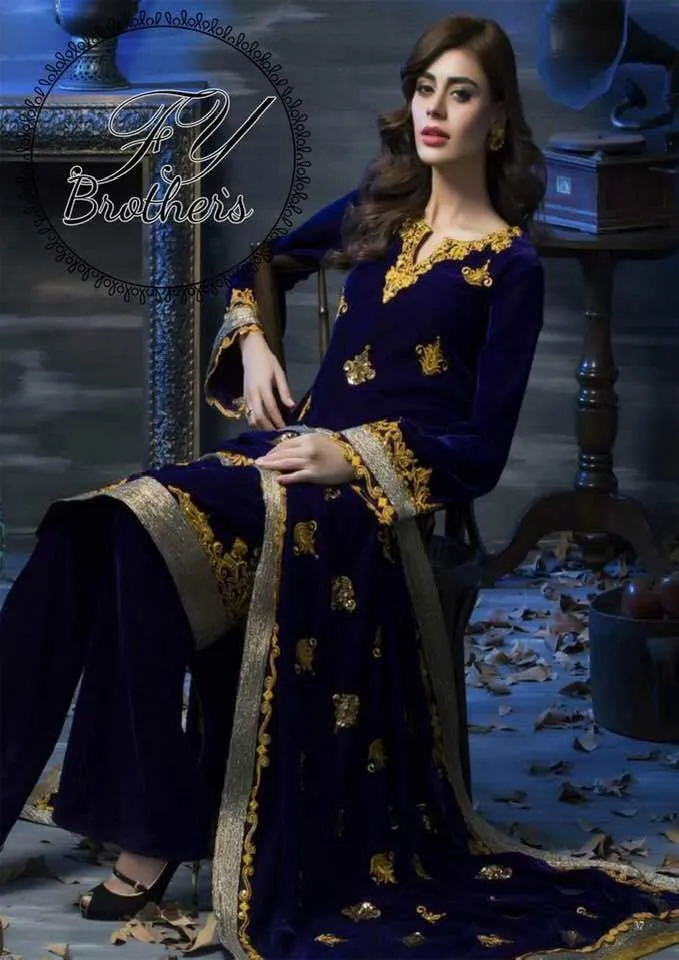 Amna Aqeel Velvet Dresses - Embroidered Velvet Dupatta - Replica - Unstitched