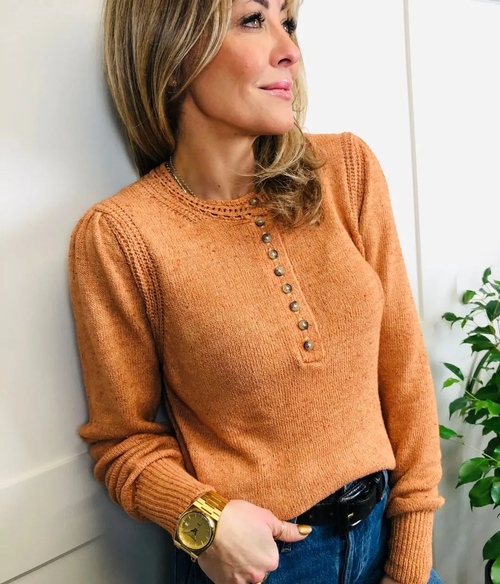 Apricot Cotton Rich Textured Button Detail Jumper