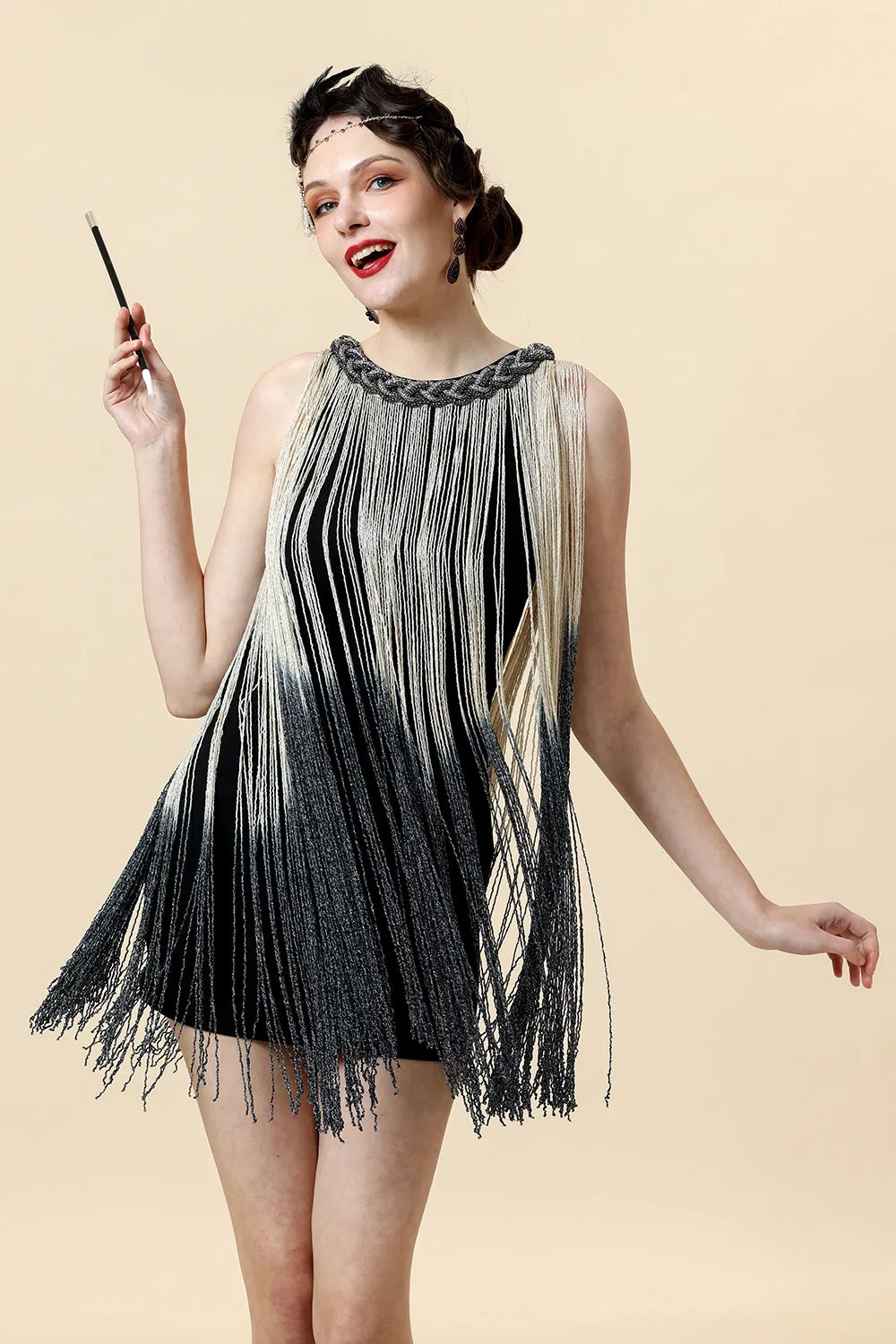 Apricot Fringed Flapper Dress with 20s Accessories Set