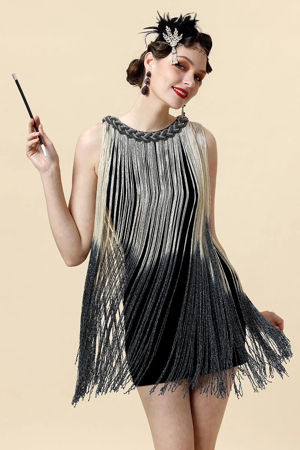 Apricot Fringed Flapper Dress with 20s Accessories Set