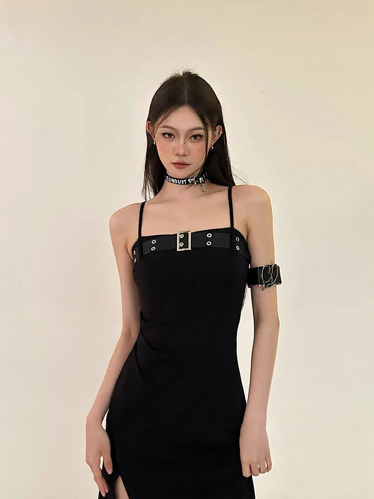 Azelia Solid Color Black Chest Belt Strap Spaghetti Straps Square Neck Bandeau Side Slit Long Summer Dress