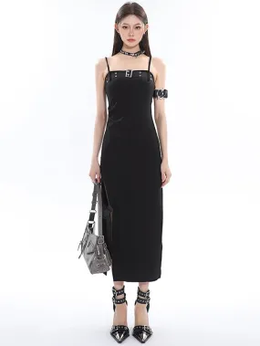 Azelia Solid Color Black Chest Belt Strap Spaghetti Straps Square Neck Bandeau Side Slit Long Summer Dress