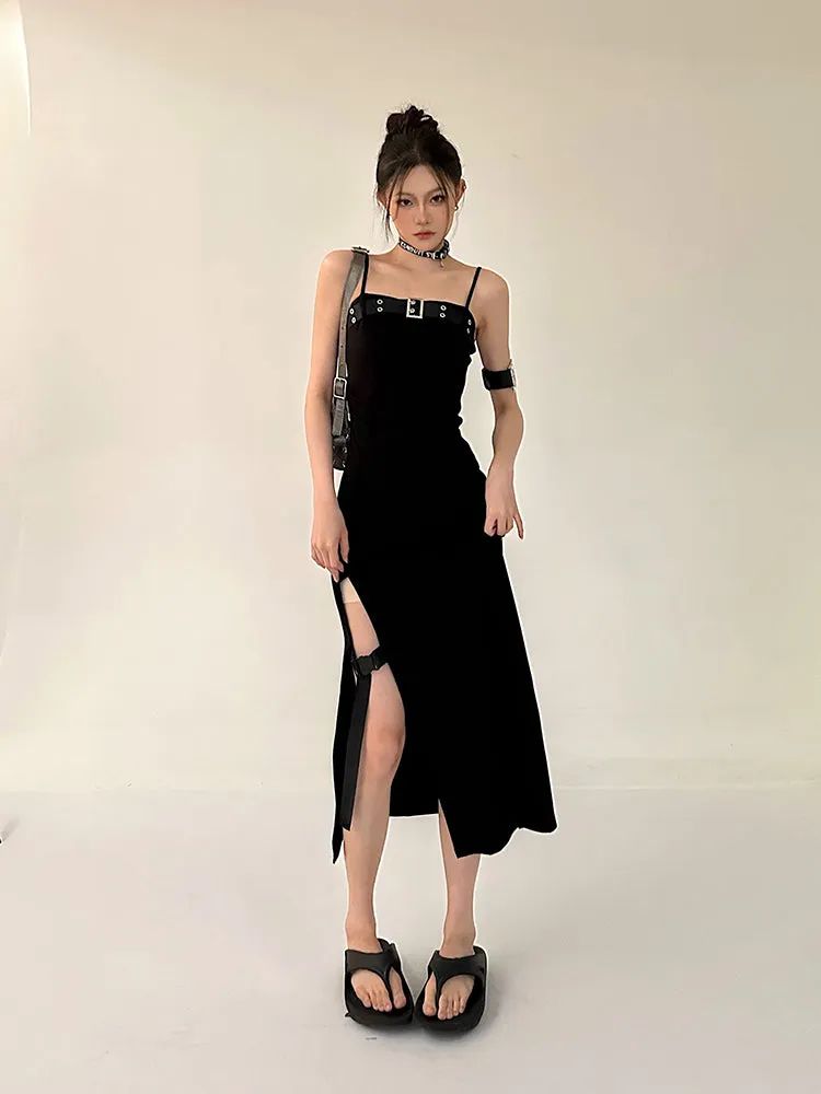 Azelia Solid Color Black Chest Belt Strap Spaghetti Straps Square Neck Bandeau Side Slit Long Summer Dress