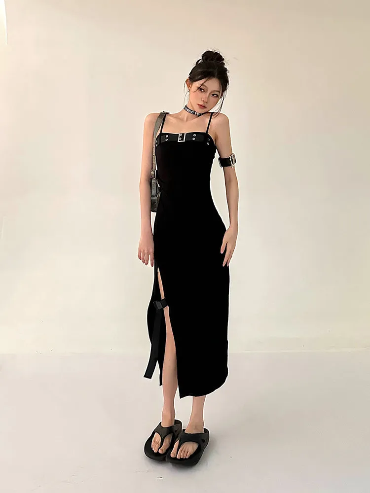 Azelia Solid Color Black Chest Belt Strap Spaghetti Straps Square Neck Bandeau Side Slit Long Summer Dress