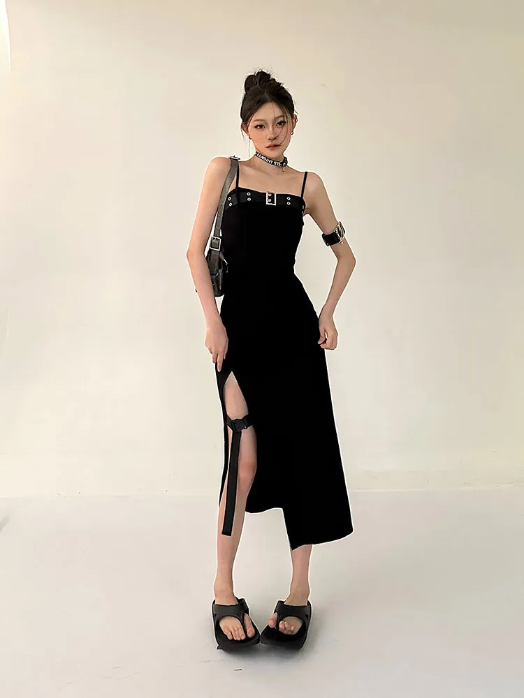 Azelia Solid Color Black Chest Belt Strap Spaghetti Straps Square Neck Bandeau Side Slit Long Summer Dress