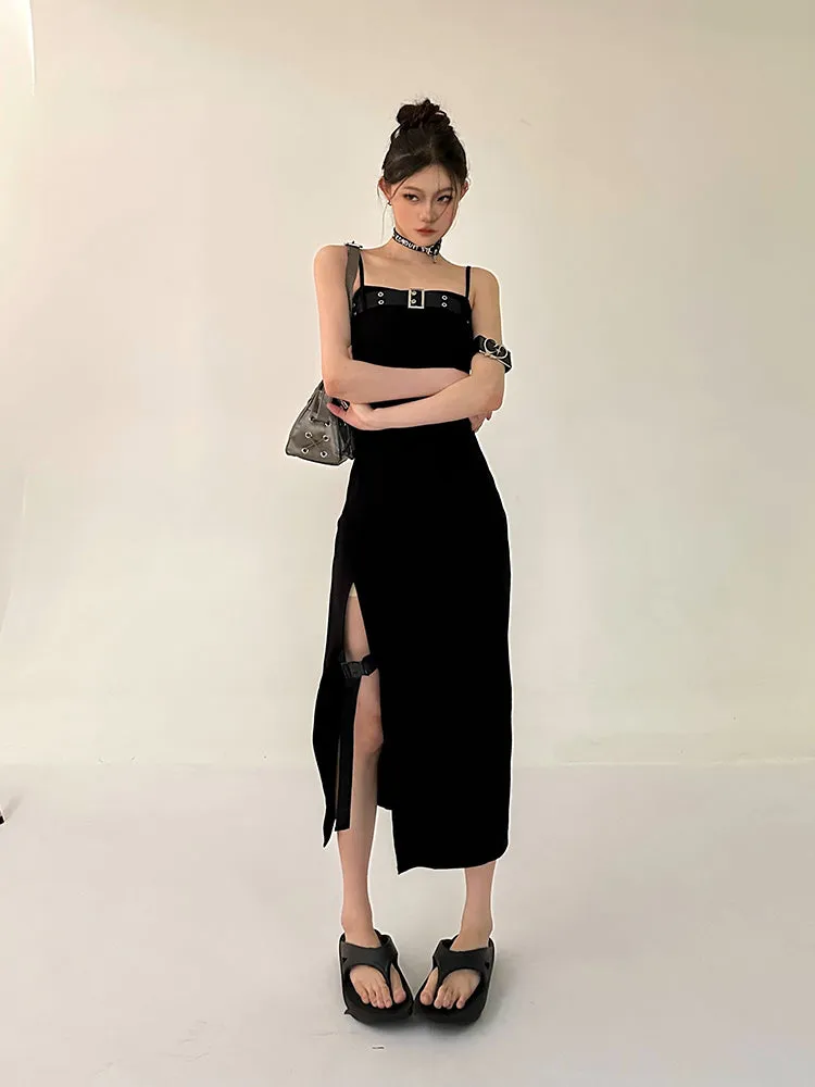 Azelia Solid Color Black Chest Belt Strap Spaghetti Straps Square Neck Bandeau Side Slit Long Summer Dress