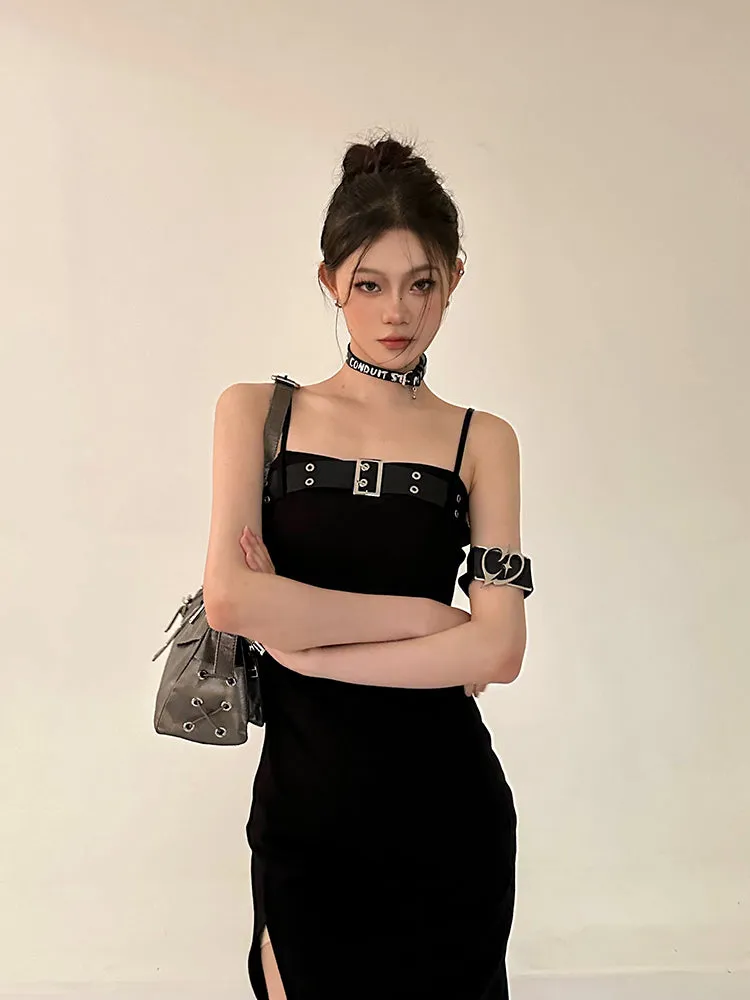 Azelia Solid Color Black Chest Belt Strap Spaghetti Straps Square Neck Bandeau Side Slit Long Summer Dress