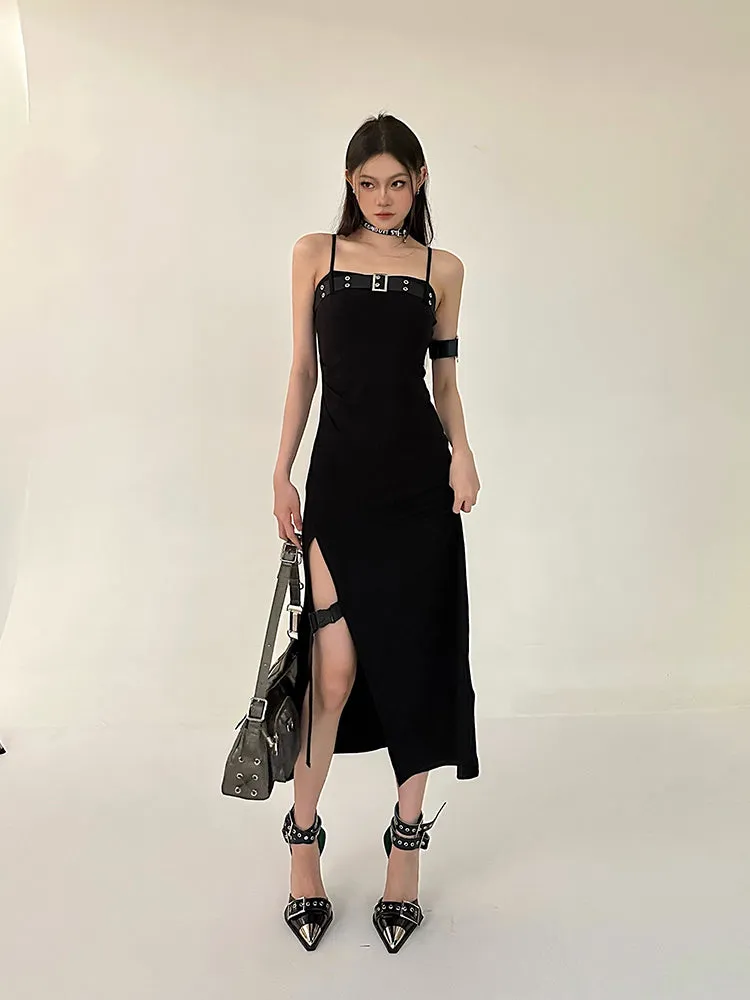 Azelia Solid Color Black Chest Belt Strap Spaghetti Straps Square Neck Bandeau Side Slit Long Summer Dress