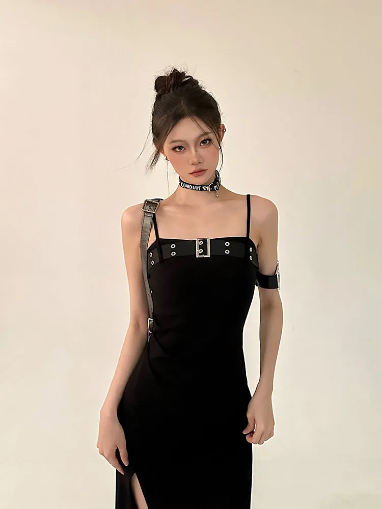 Azelia Solid Color Black Chest Belt Strap Spaghetti Straps Square Neck Bandeau Side Slit Long Summer Dress