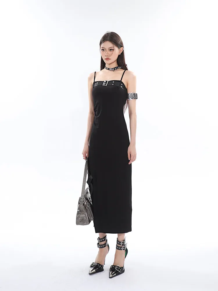 Azelia Solid Color Black Chest Belt Strap Spaghetti Straps Square Neck Bandeau Side Slit Long Summer Dress