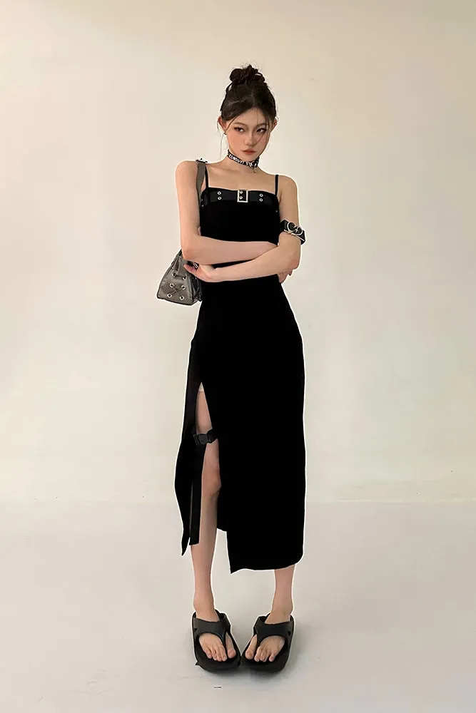 Azelia Solid Color Black Chest Belt Strap Spaghetti Straps Square Neck Bandeau Side Slit Long Summer Dress