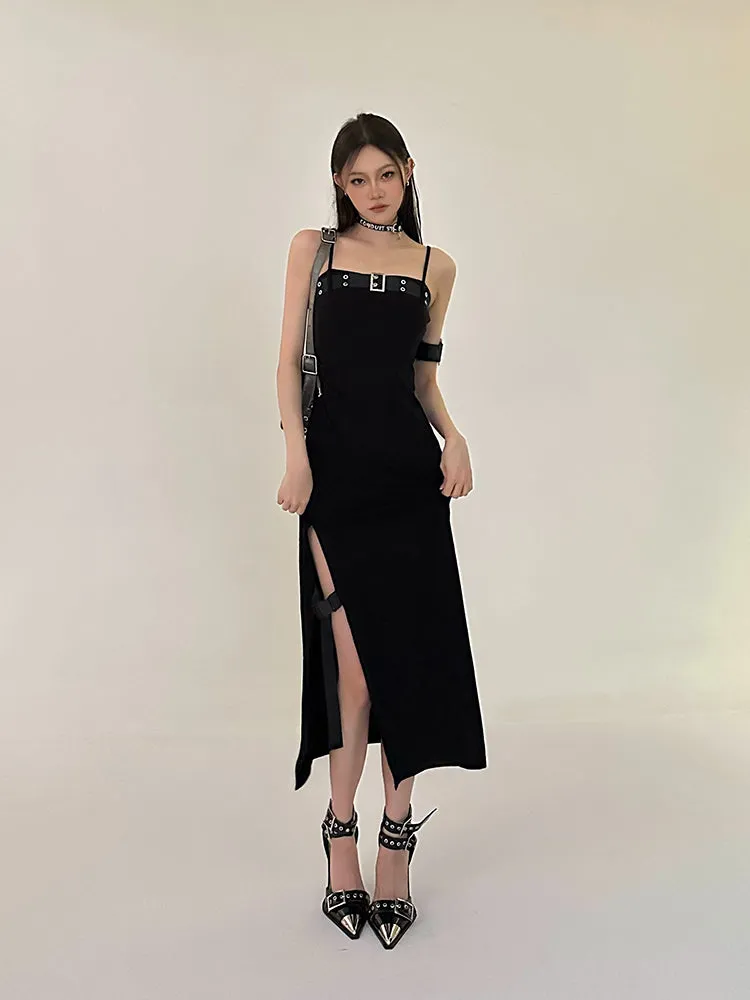 Azelia Solid Color Black Chest Belt Strap Spaghetti Straps Square Neck Bandeau Side Slit Long Summer Dress