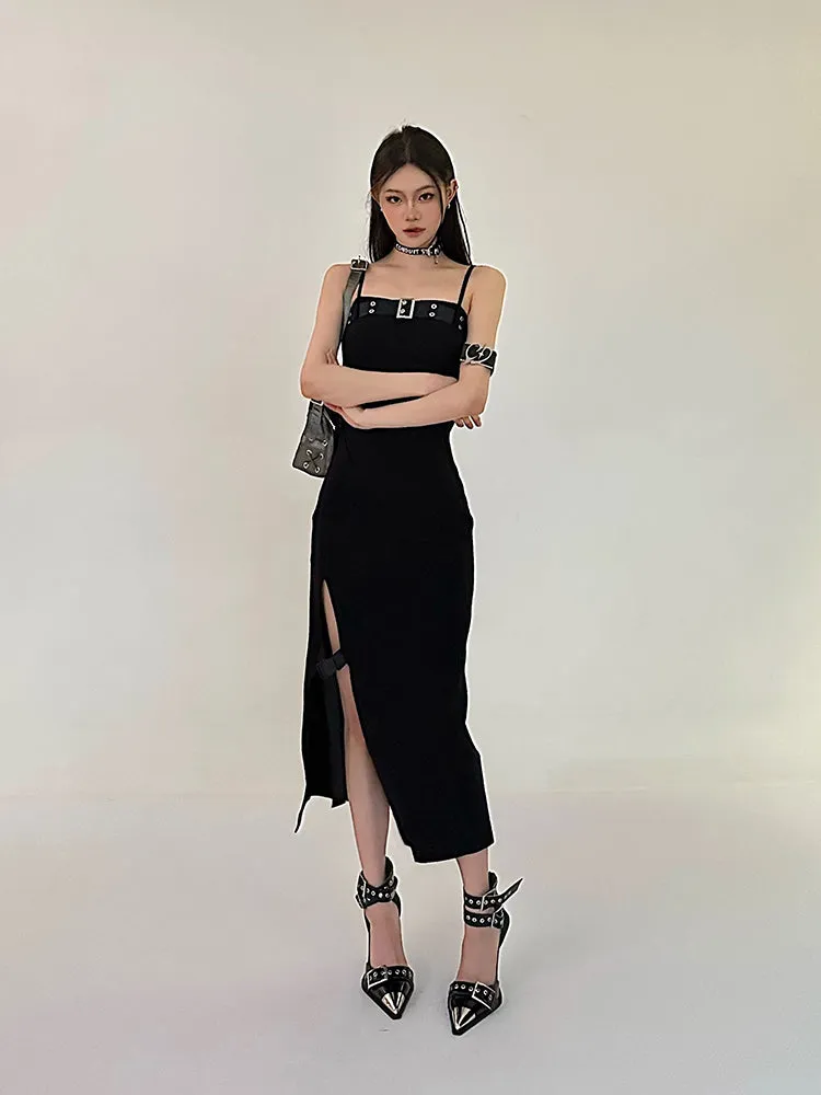 Azelia Solid Color Black Chest Belt Strap Spaghetti Straps Square Neck Bandeau Side Slit Long Summer Dress